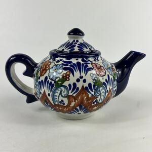 Talavera Pottery Teapot Ansar Puebla Mexico Hand Painted Floral Folk Art 7"x4.5"